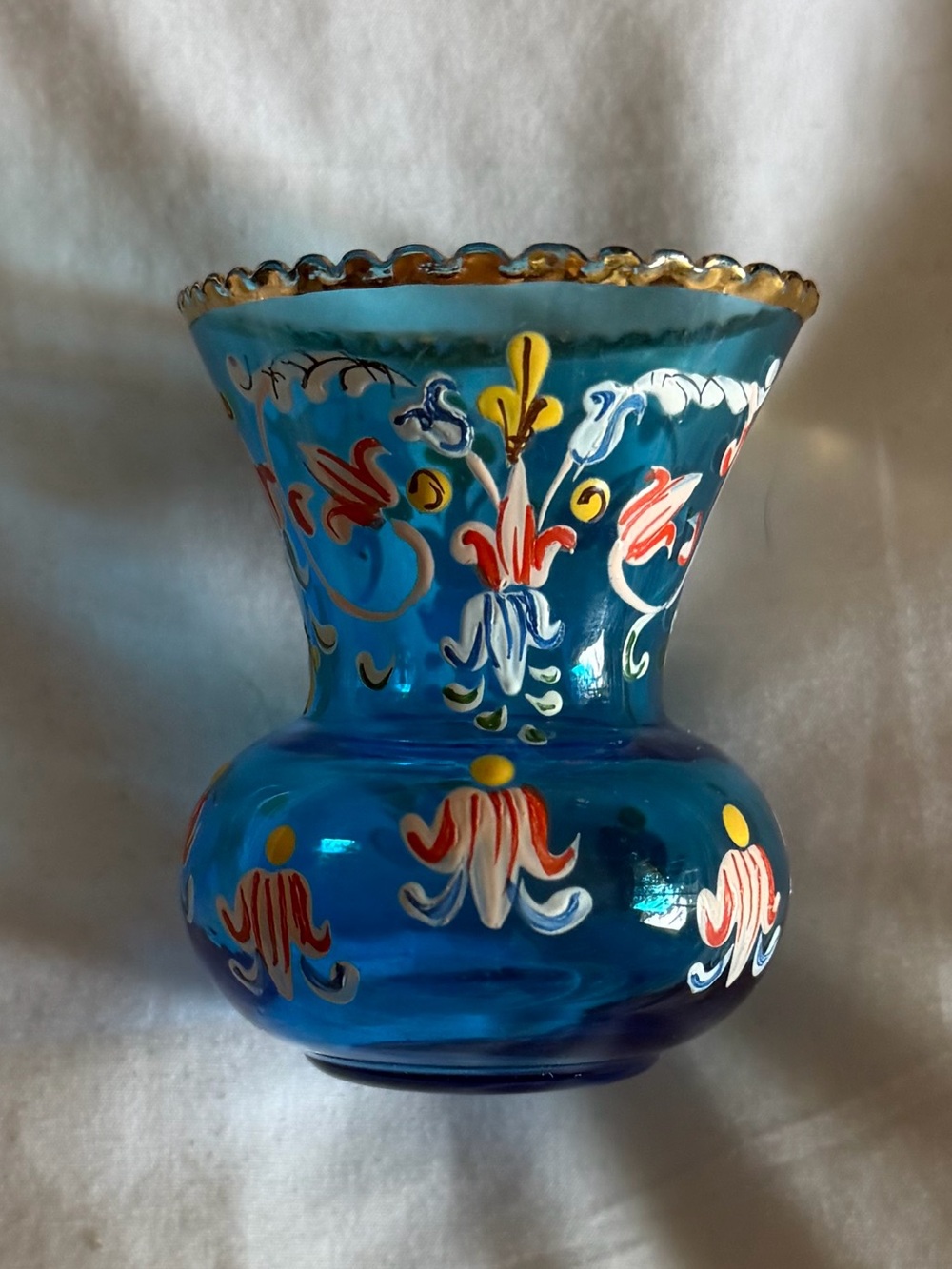 Vintage Italian Murano Glass Hand-Painted Blue Mini Vase with Gold Edge